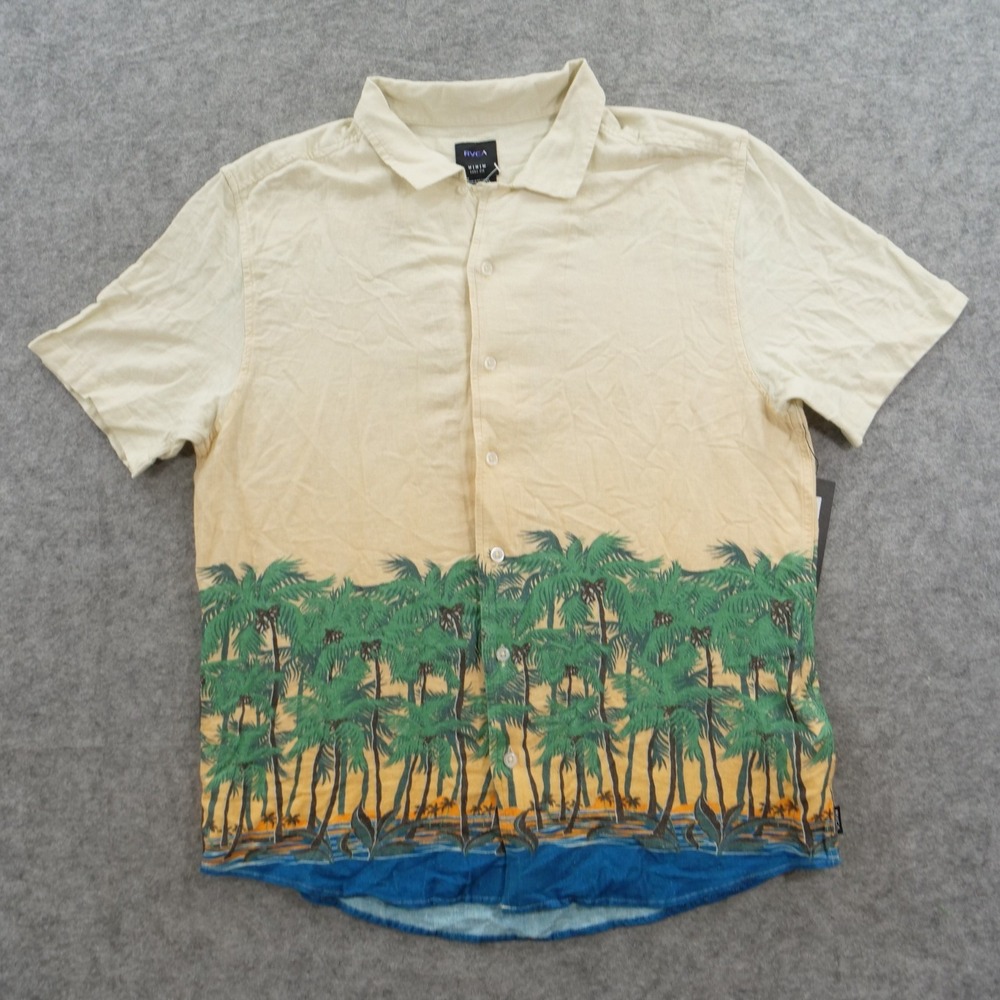 RVCA Shirt Mens Mens Medium Beige Green Linen Button Short Sleeve Floral New